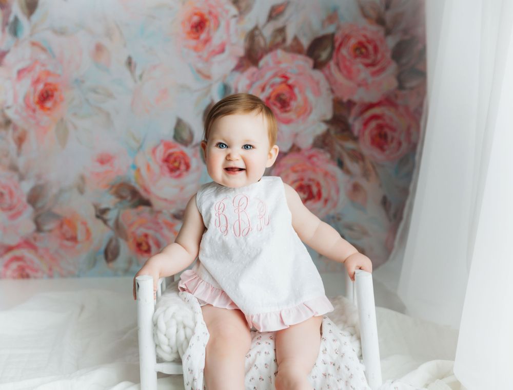 Milestone session with little girl on a white bed. Greenville, SC newborn photographer, Easley, SC Newborn photographer
