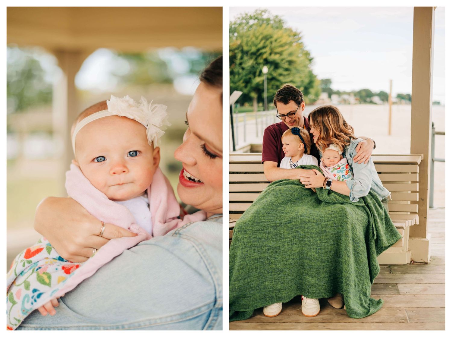 collage of blue eyed baby looking at the camera, and young family snuggling under a green blanket in a gazebo