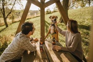 Couple enjoying drinks with their dog at wooden picnic table in sunny countryside.