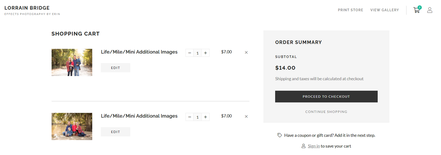Shopping cart interface for photography prints showing selected images and order summary.