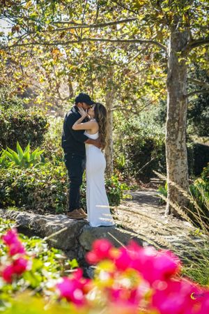 Pink flowers frame a romantic garden scene with trees in the background.