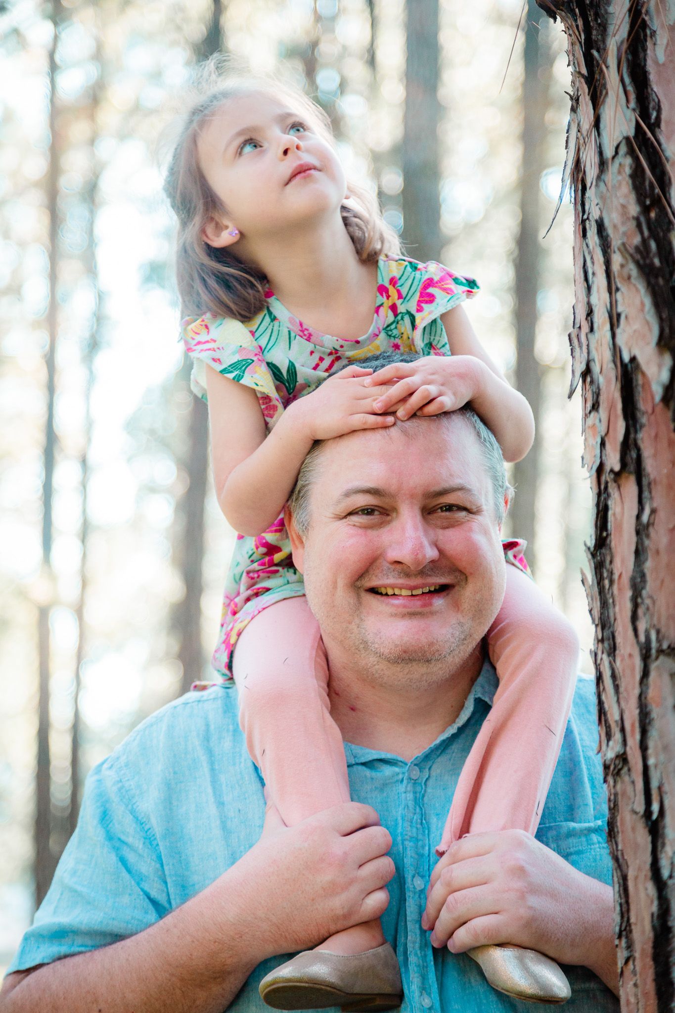 Daughter on smiling Dad's shoulders looking up into a tree.