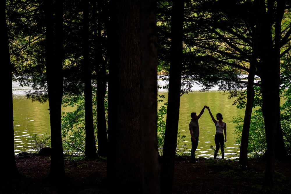 Silhouettes of two people holding hands by a lake through trees in a dark forest setting.