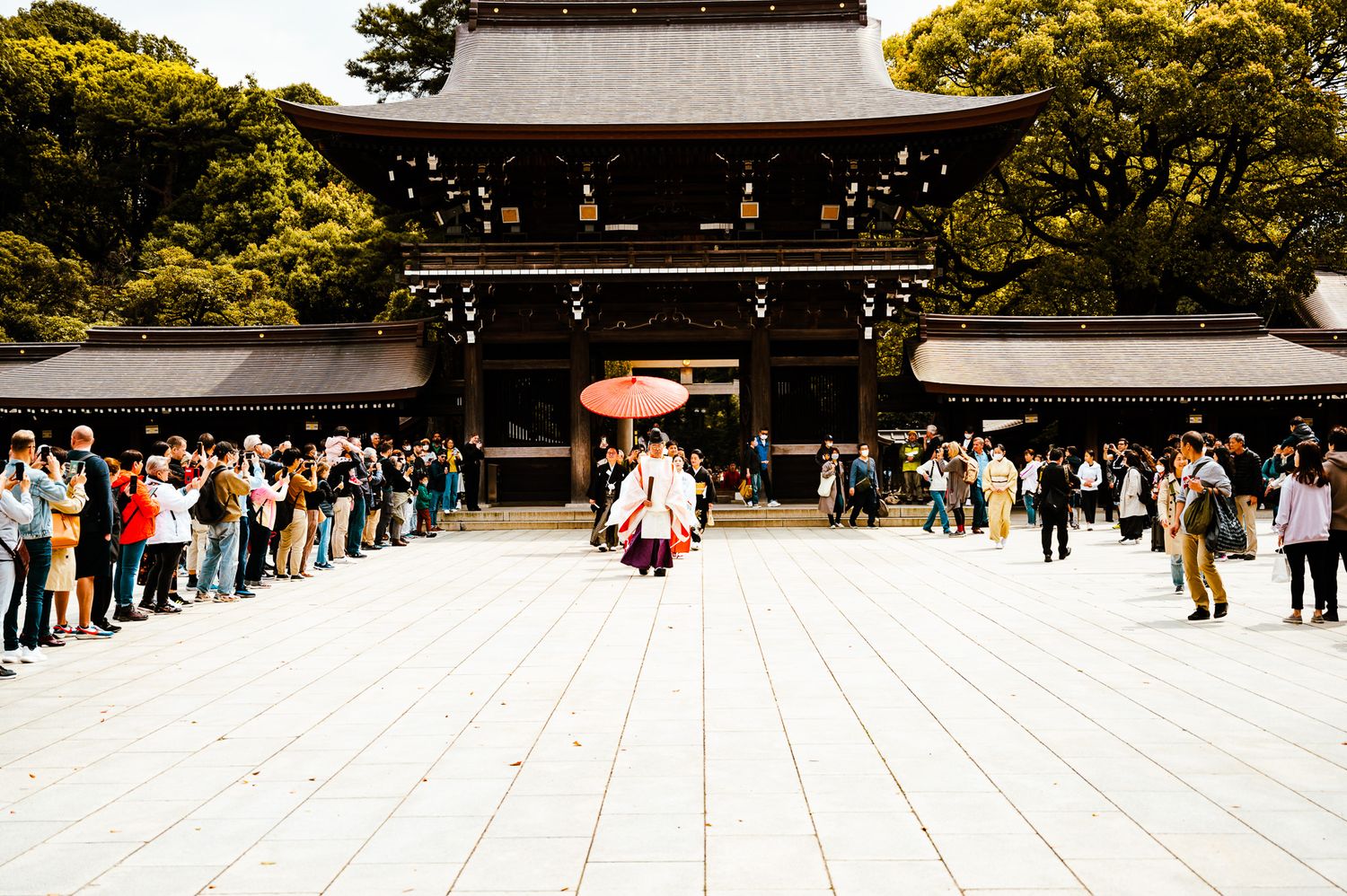 Traditional Japanese ceremony taking place at historic shrine entrance.