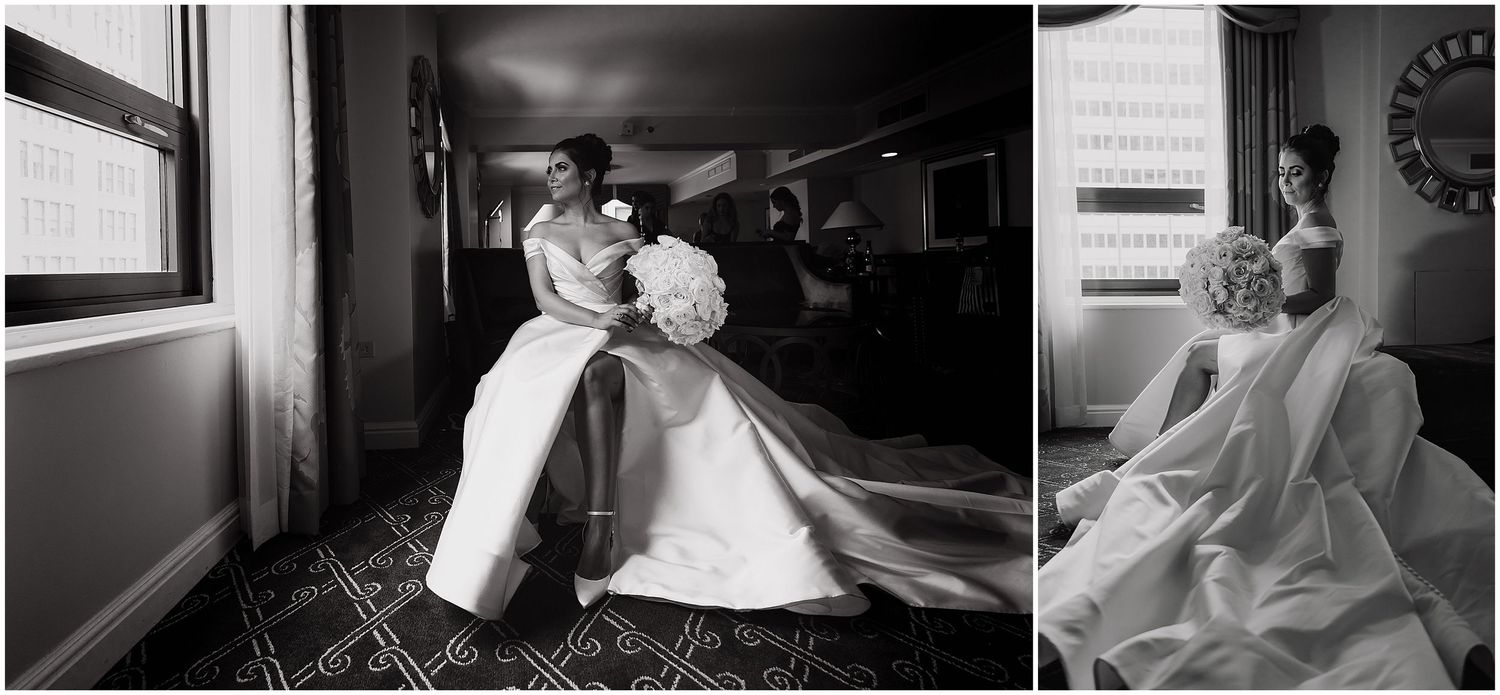 Artistic black and white photographs of classic bridal portraits.