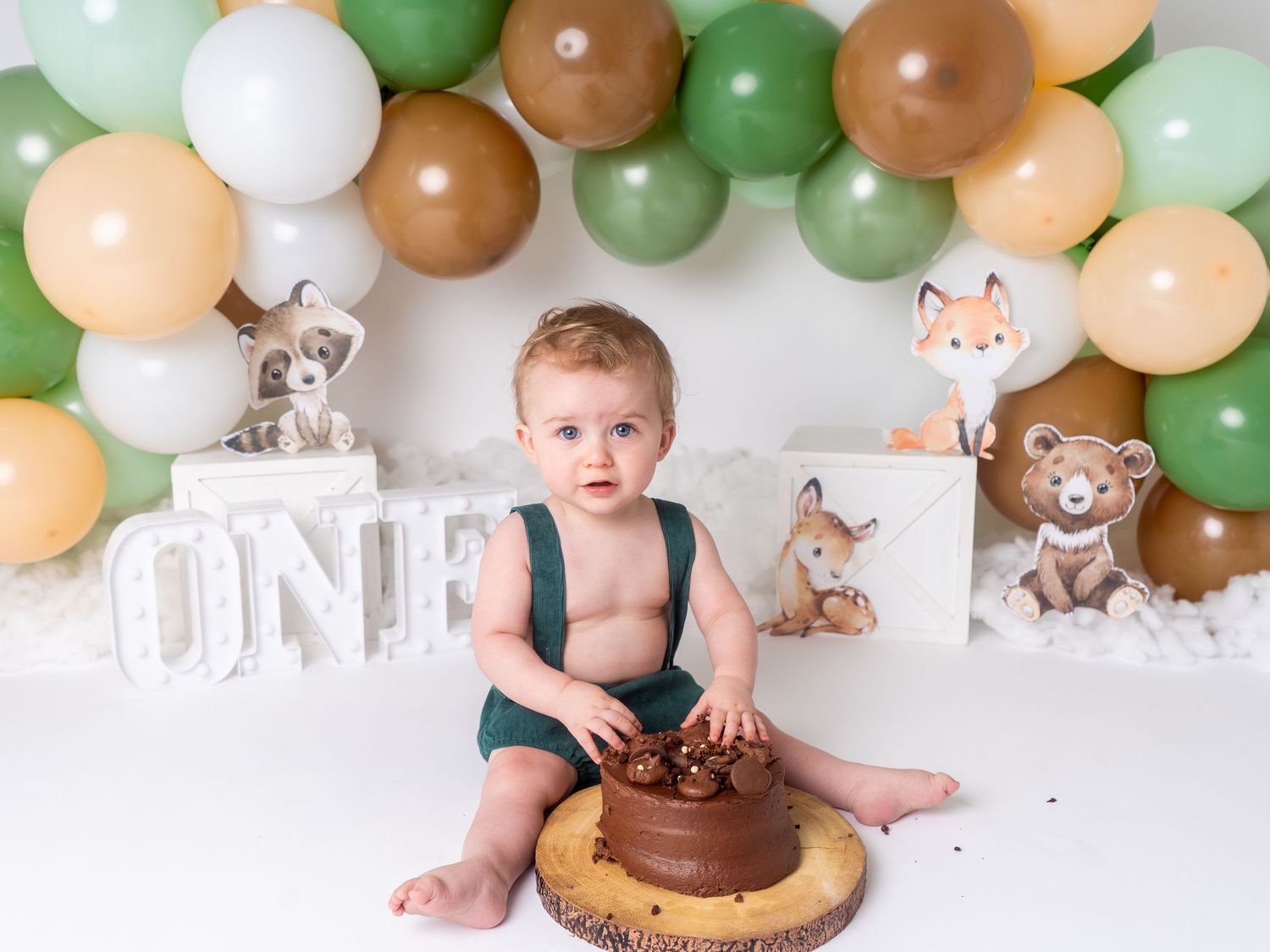first birthday photoshoot for little boy with woodland theme and one letters, at cake smash session in Doncaster.