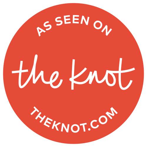 Row of red circular badges showing "As Seen On The Knot" branding.
