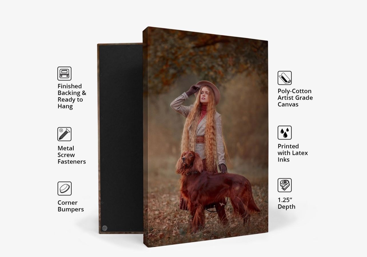 Custom canvas print of a woman with Irish Setter dog, featuring poly-cotton canvas and latex inks.