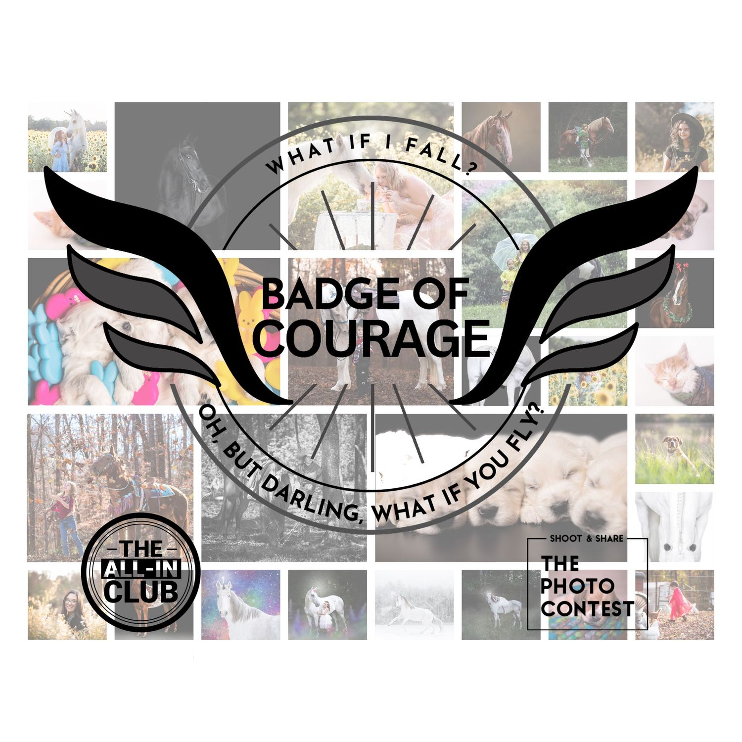 Badge of Courage photo contest promotional graphic with winged emblem and inspirational quote on collage background.