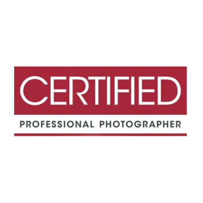 Certified Professional Photographer credential badge with bold white text on a red background.