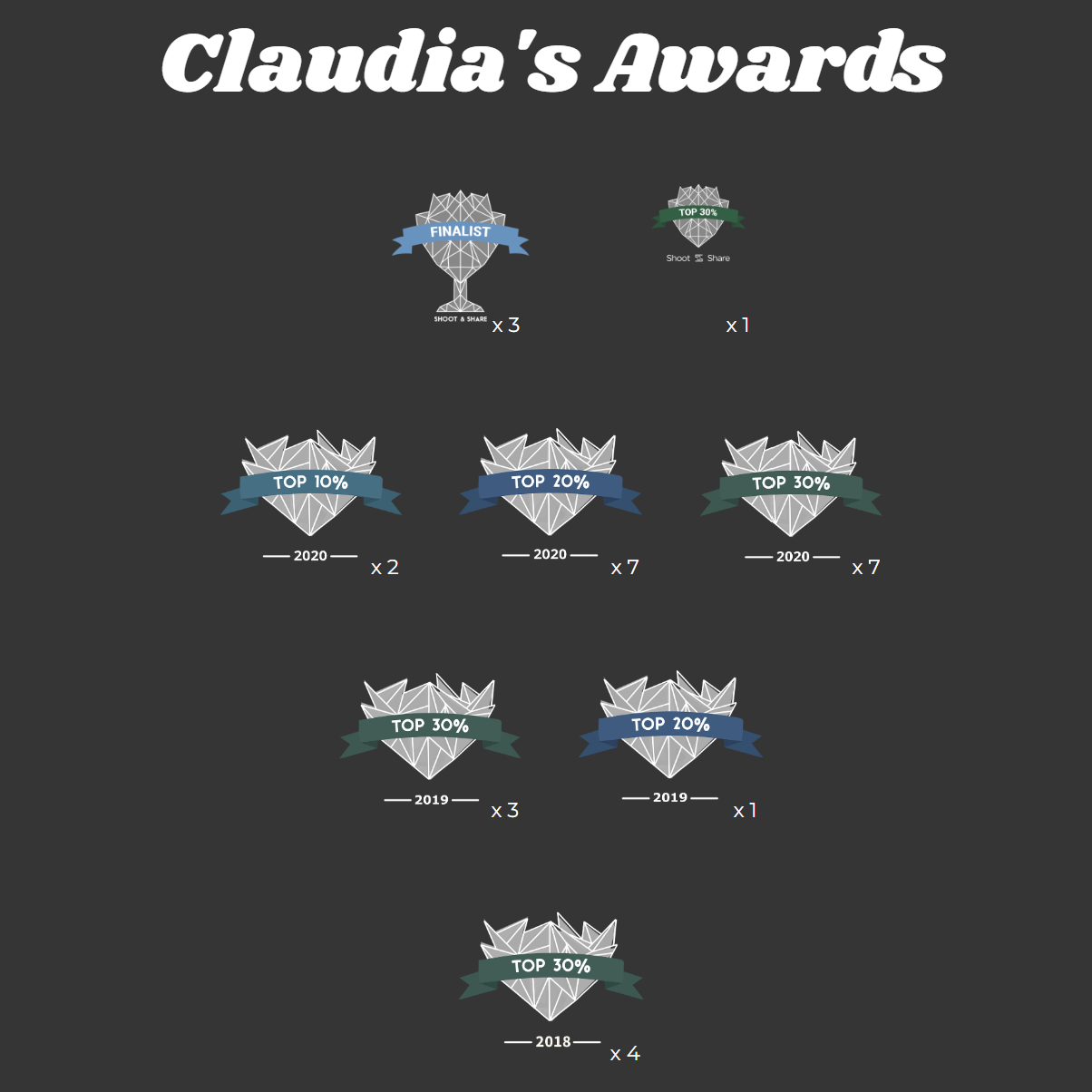 Claudia's Awards display showing multiple Top 10% and Finalist badges earned across 2018 to 2020.