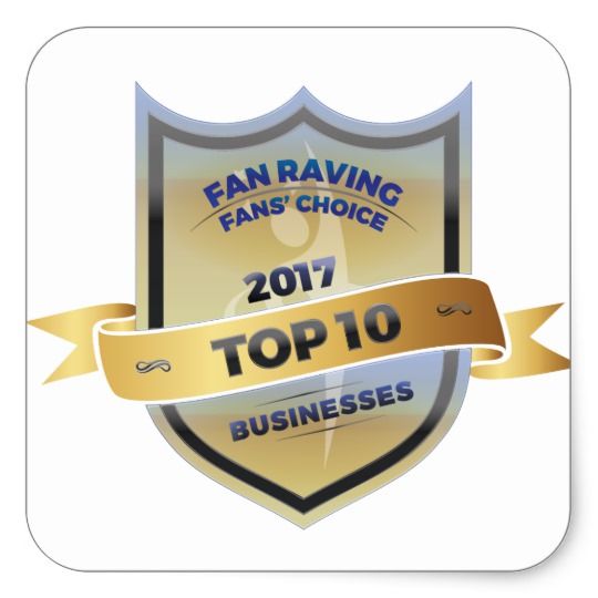 Fan Raving Fans Choice 2017 Top 10 Businesses gold and blue shield award badge.
