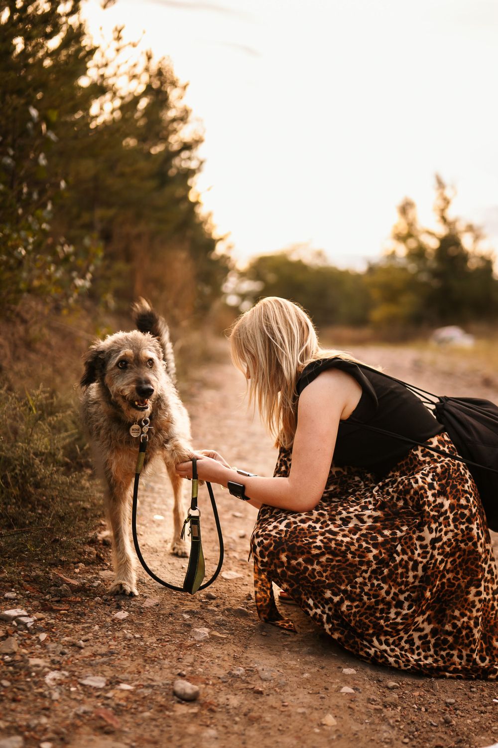 Person in leopard print dress pets scruffy dog on dirt trail during golden hour.