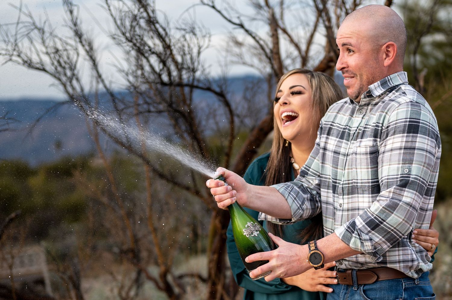 Tucson Engagement Photo, Champagne pop!