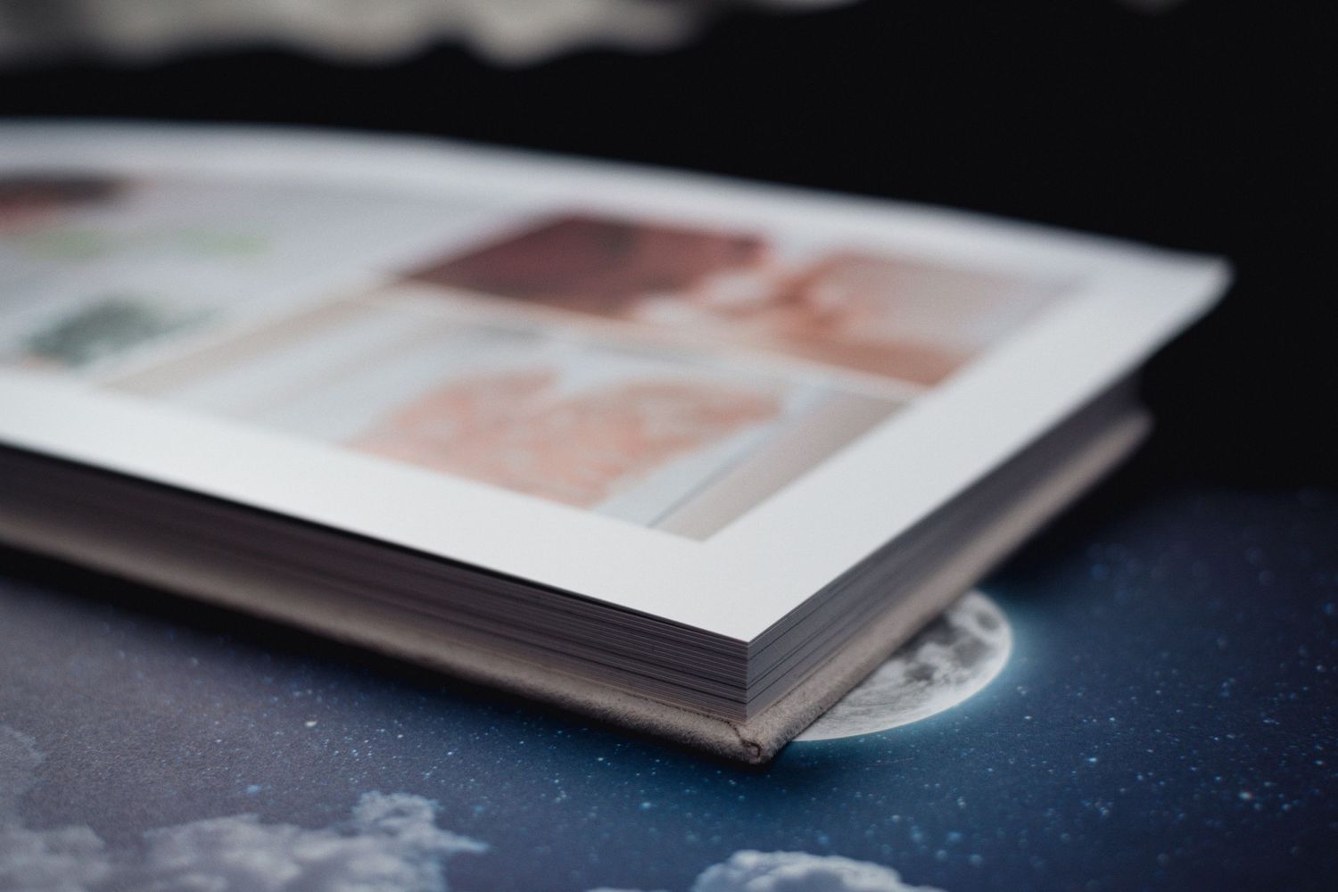 Professional photo album pages displayed on a dark surface.