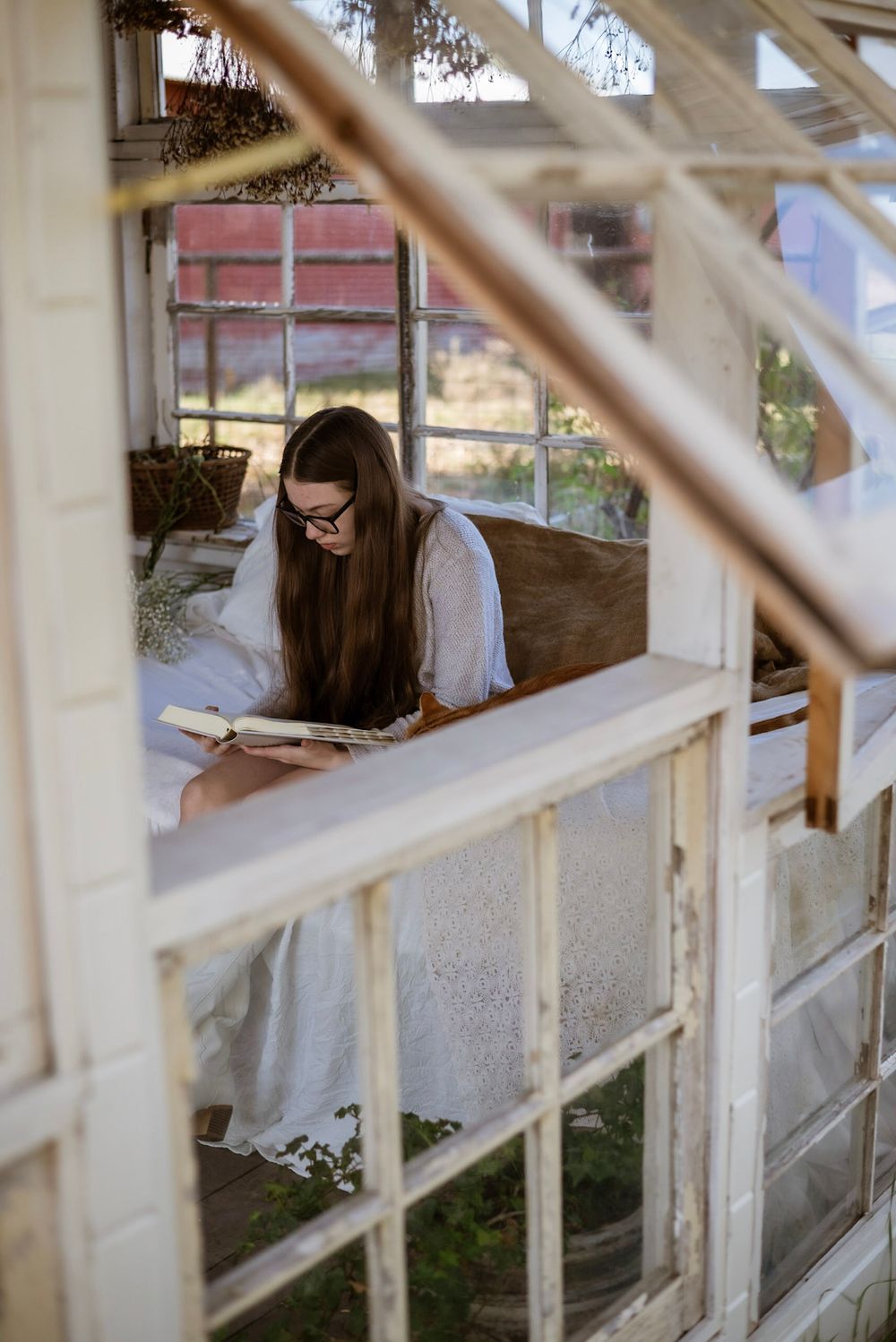 Person reading through vintage window frame in peaceful sunlit greenhouse setting.
