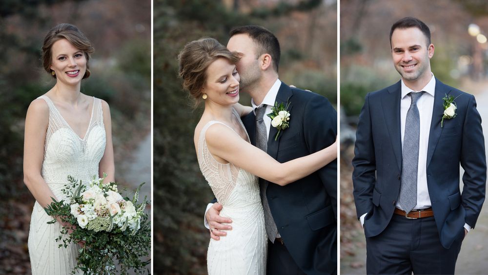 Wedding photography triptych showing bride and groom in formal attire against natural backdrop.