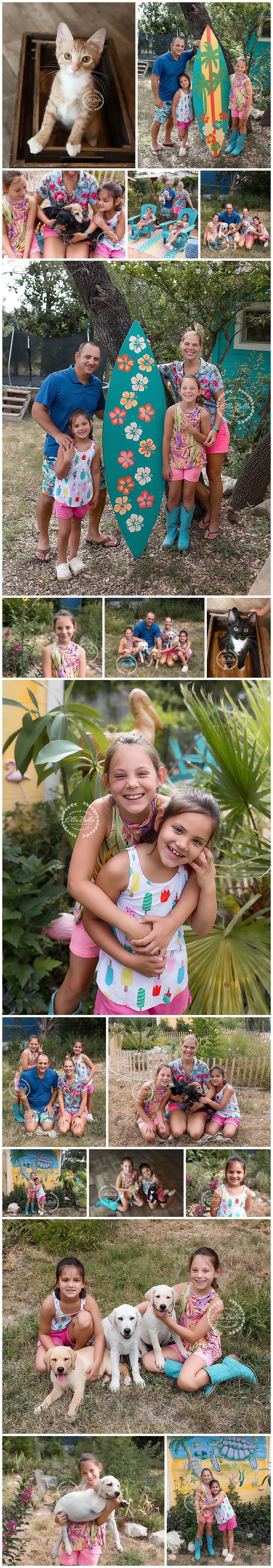 A compilation of family photos featuring outdoor activities, pets, and a decorative surfboard with floral designs.