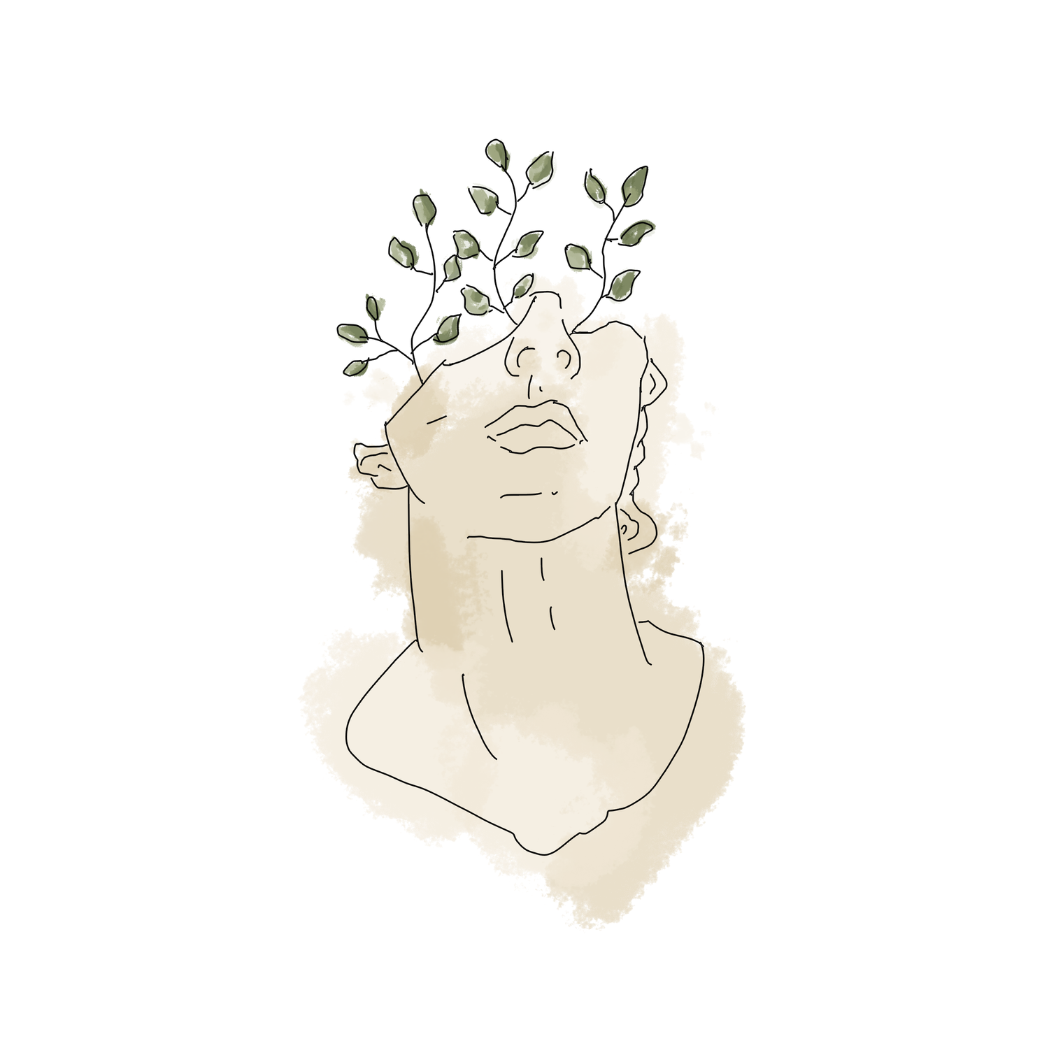 Minimalist line drawing of a face with delicate leaves growing from the top.