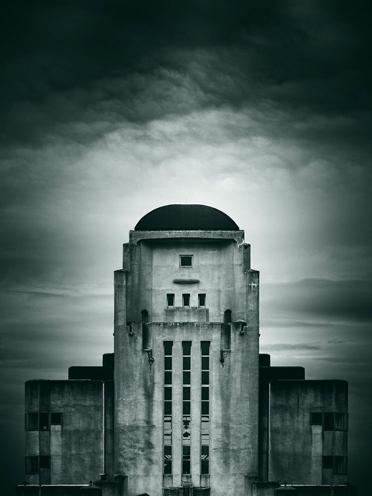 Atmospheric black and white photo of the Radio Kootwijk building in the Netherlands