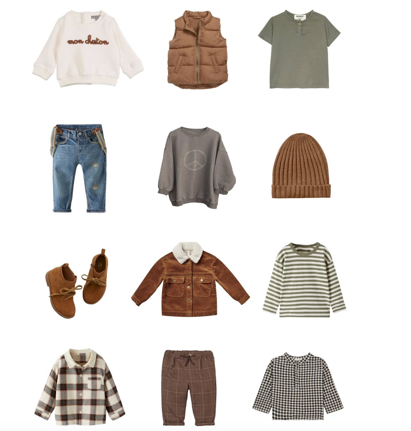 Casual children's clothing collection featuring earth tones with jeans, sweaters, vests and accessories laid out on white background.