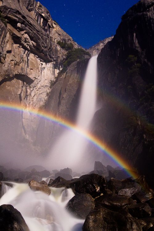 Moonbow over Yosemite Falls, Yosemite National Park, California, Stars at night with rainbow by moonlight