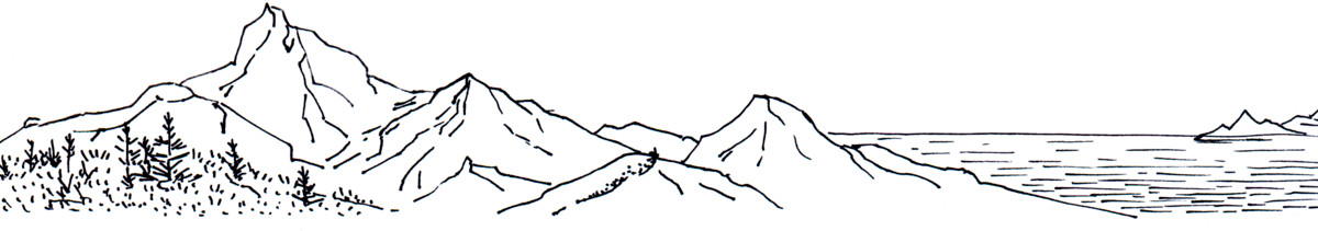 Line drawing of mountains and ocean