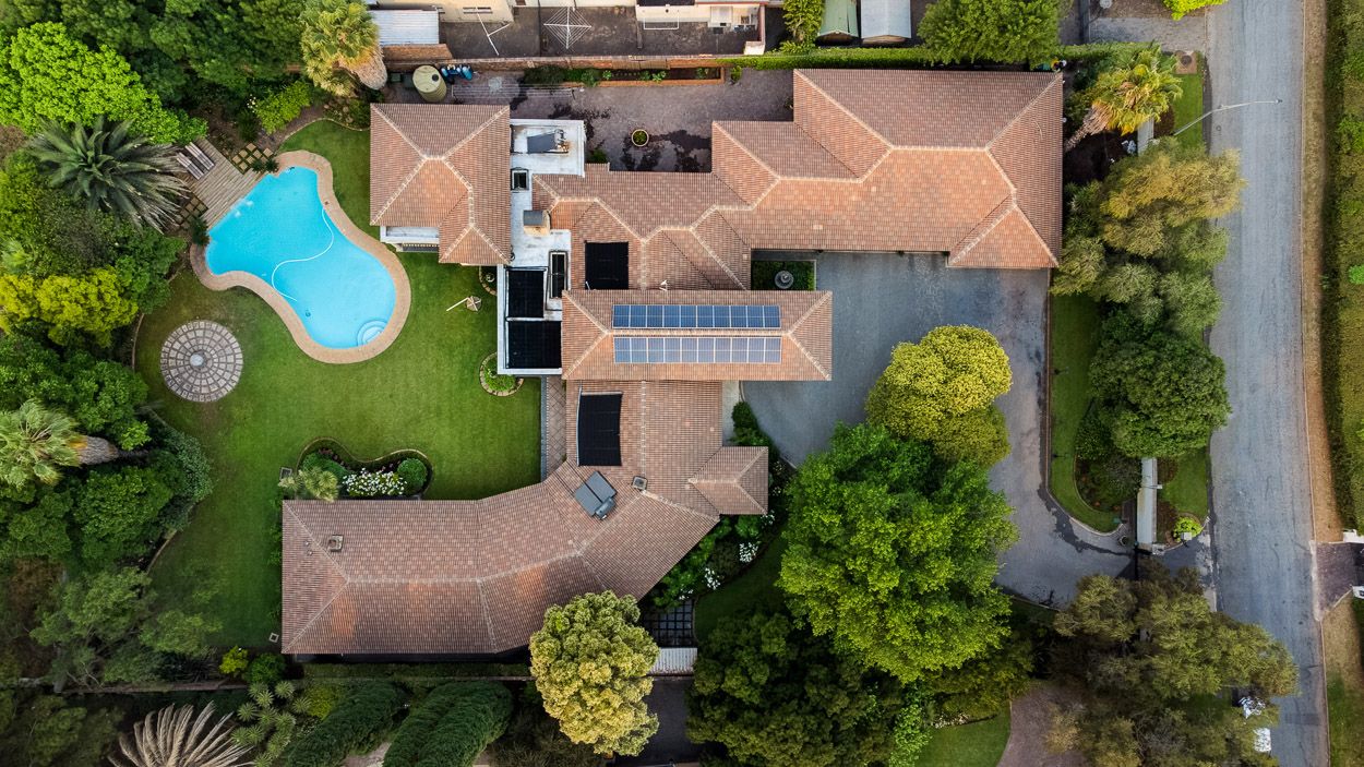 Direct drone view from above of real estate, Three Rivers.