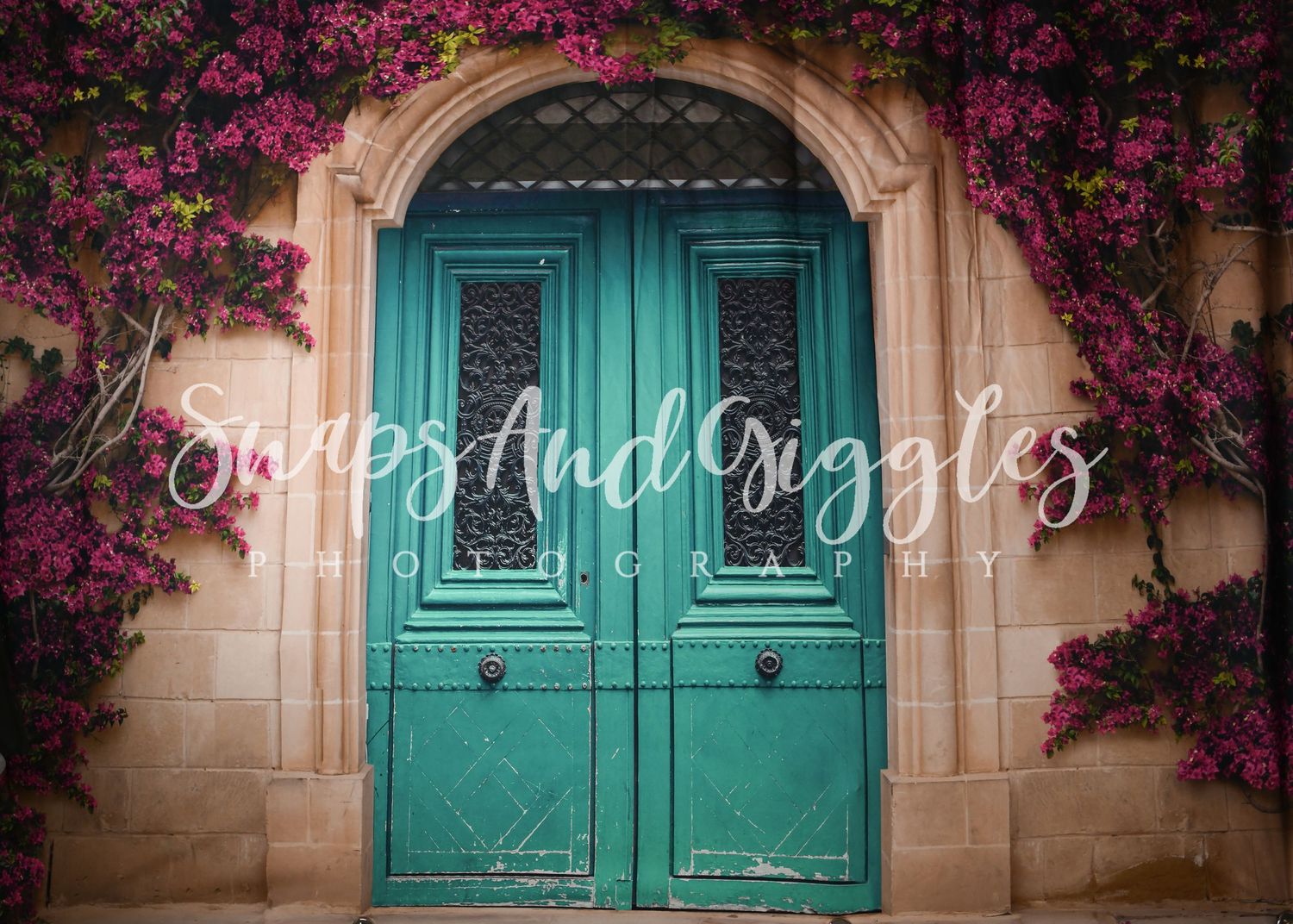 Turquoise vintage doors framed by pink bougainvillea flowers create Mediterranean scene.