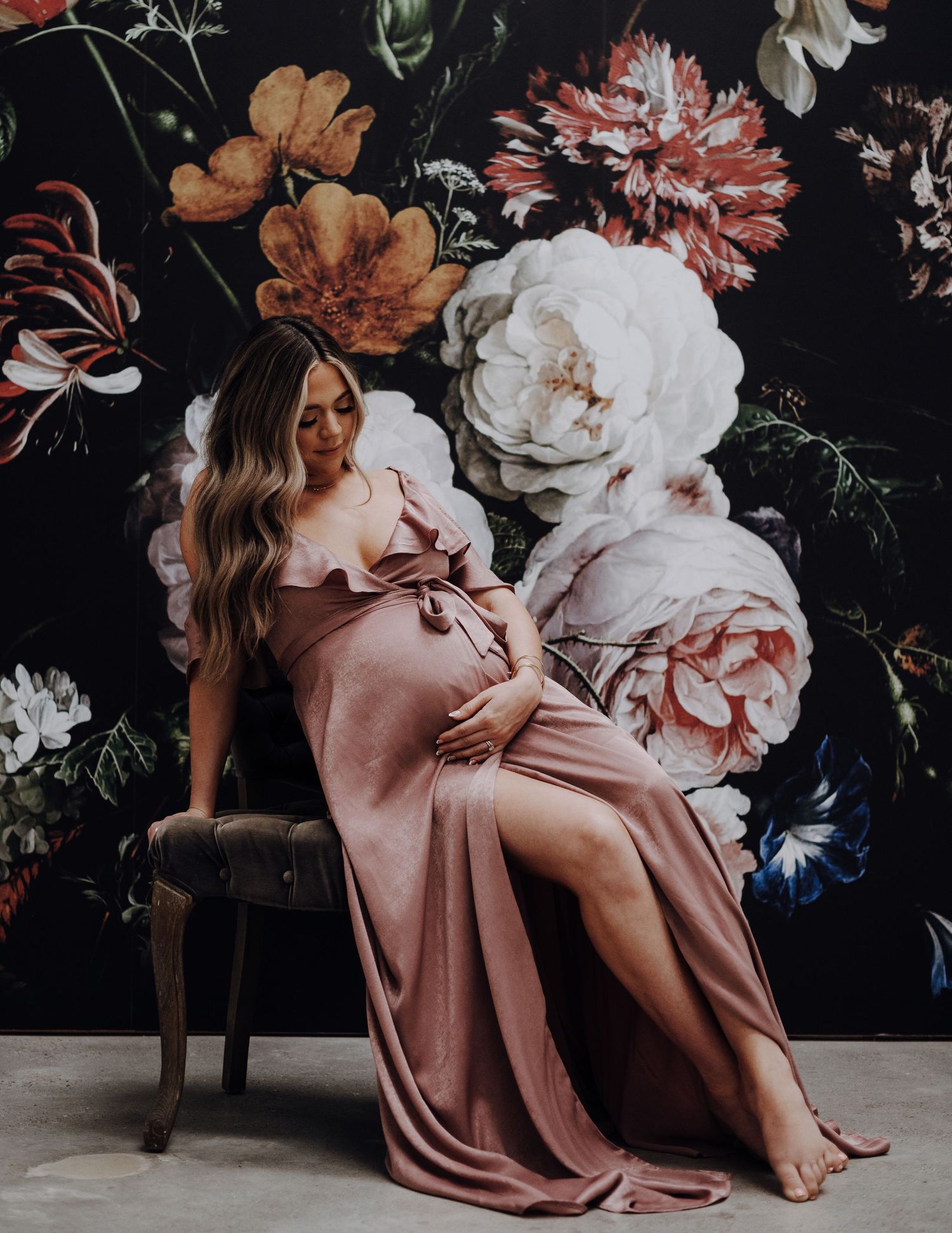 Mother-to-be maternity session at Oak Atelier in Conroe, Tx. Dress is rose-colored satin from Lulu's.