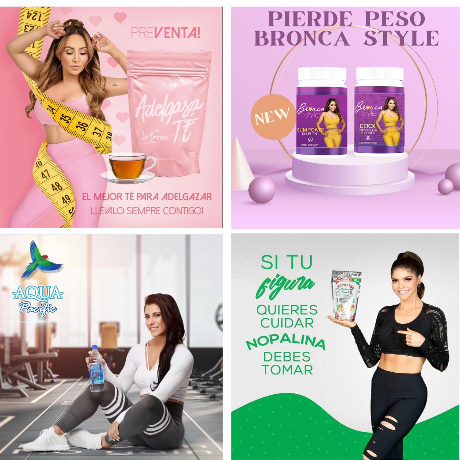 Collection of weight loss product advertisements featuring pink and purple color schemes.