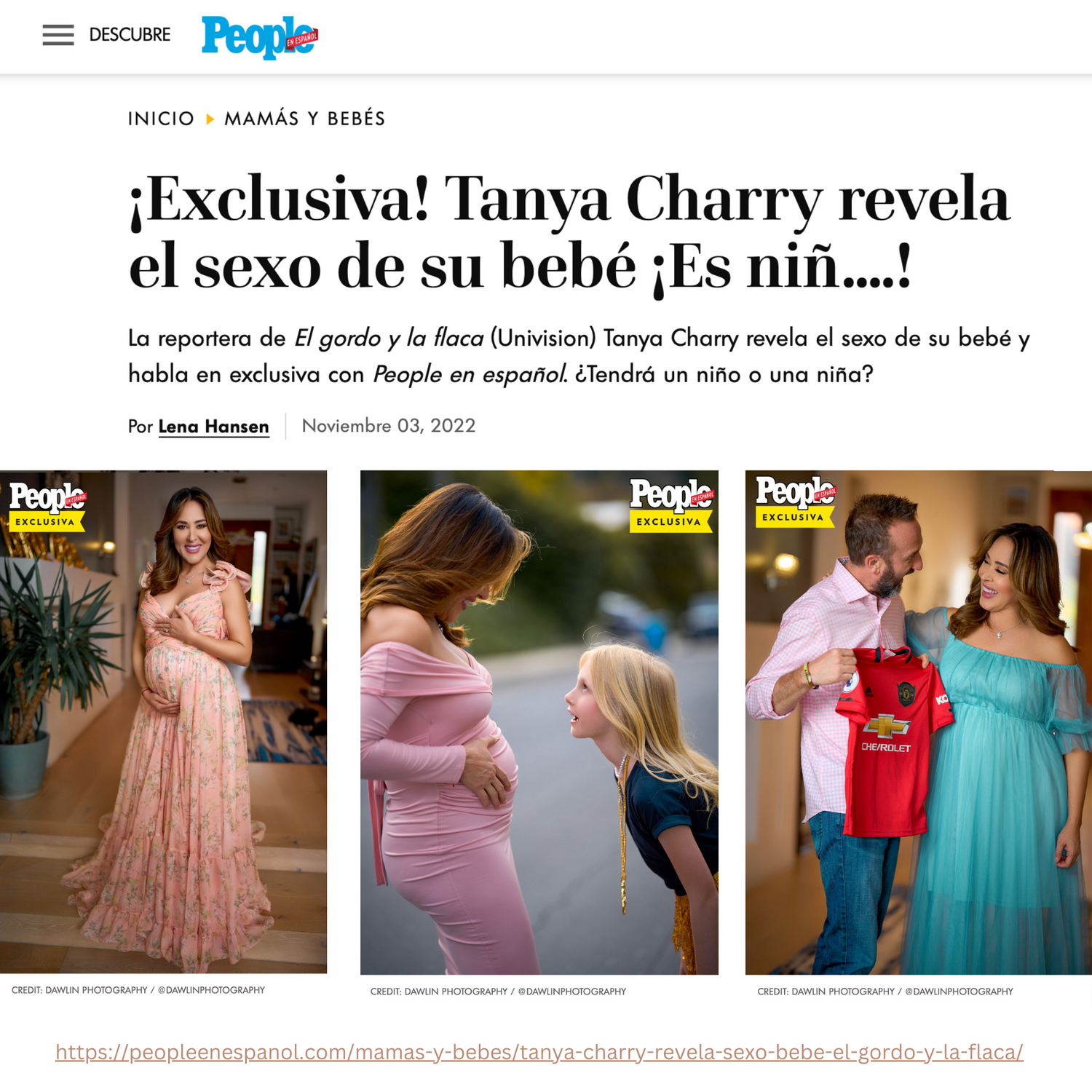 A People magazine article screenshot in Spanish featuring pregnancy news.