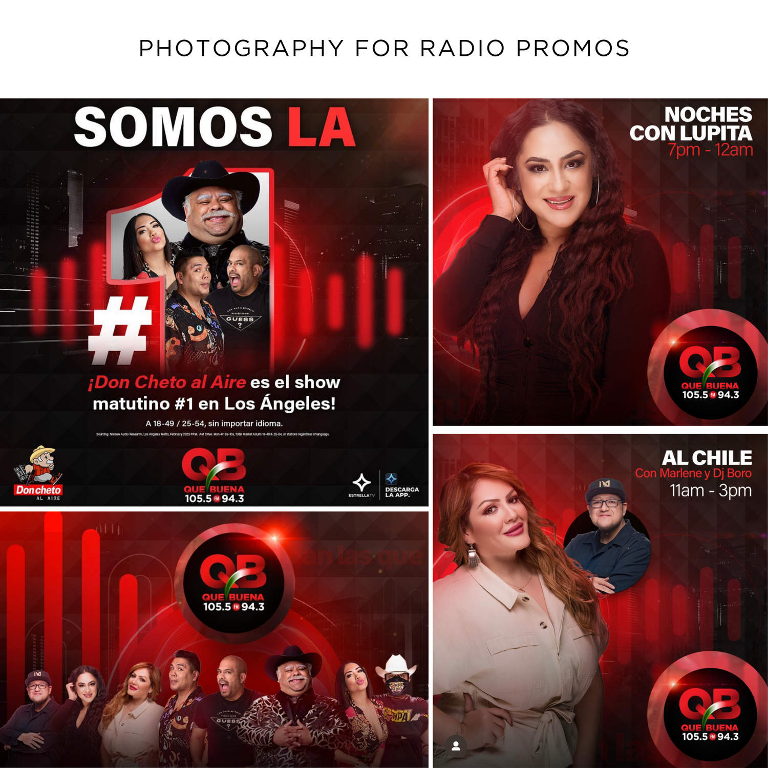 Radio show promotional images featuring red and black theme with dramatic lighting.