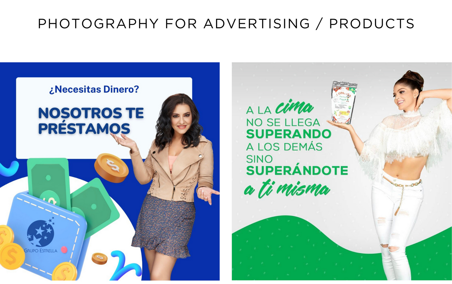 Marketing advertisements for financial loan services using bright blue and green color schemes.