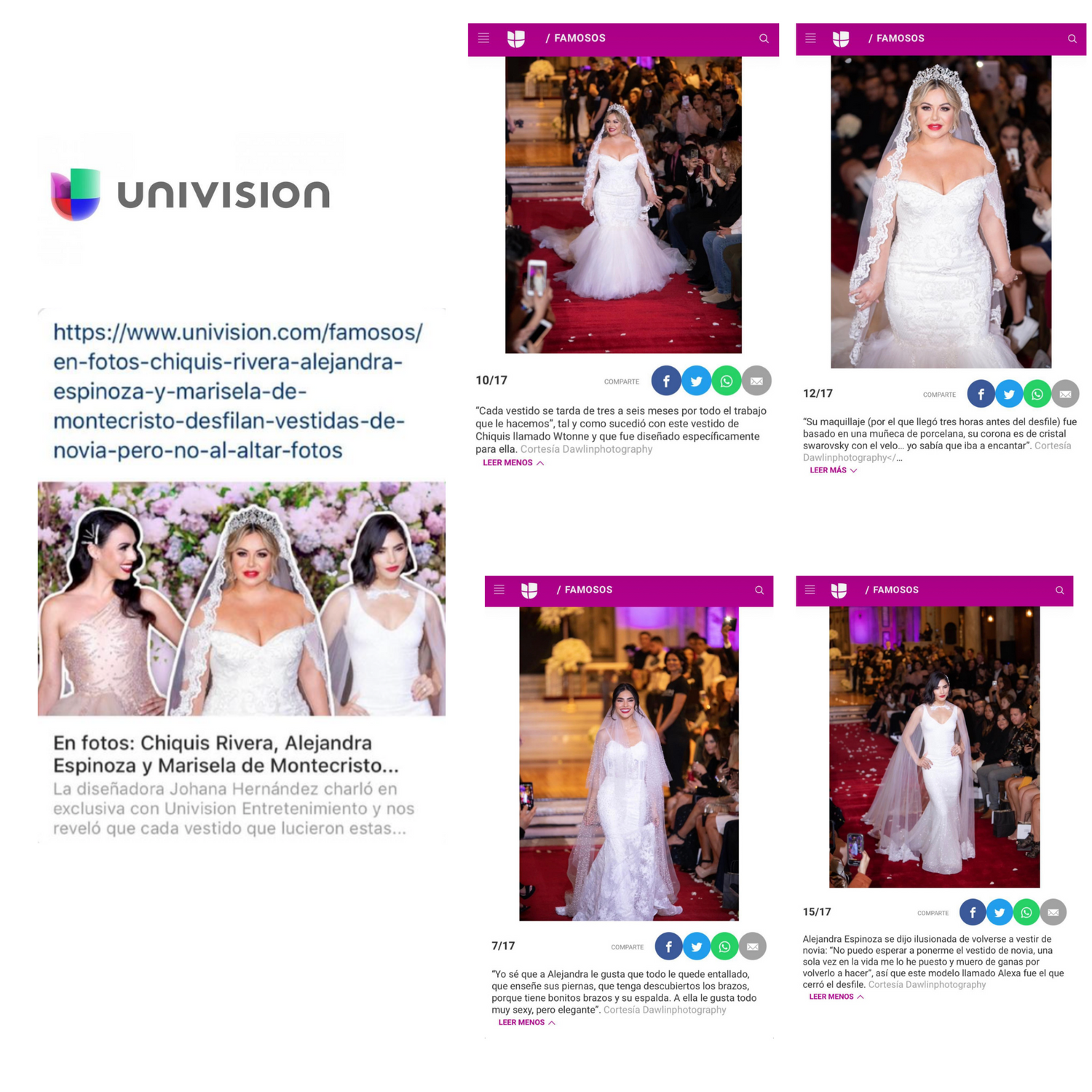 Wedding dress collection showcase with models walking a red-carpeted runway for Univision coverage.