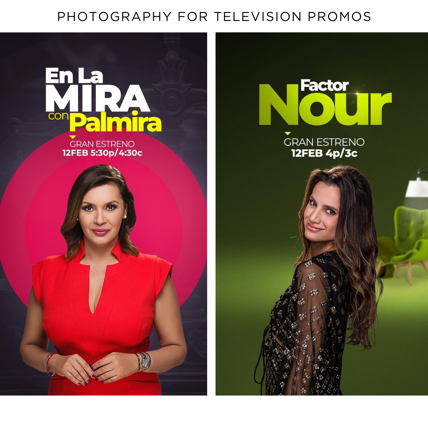 Television show promotional posters featuring dramatic red and green background lighting effects.
