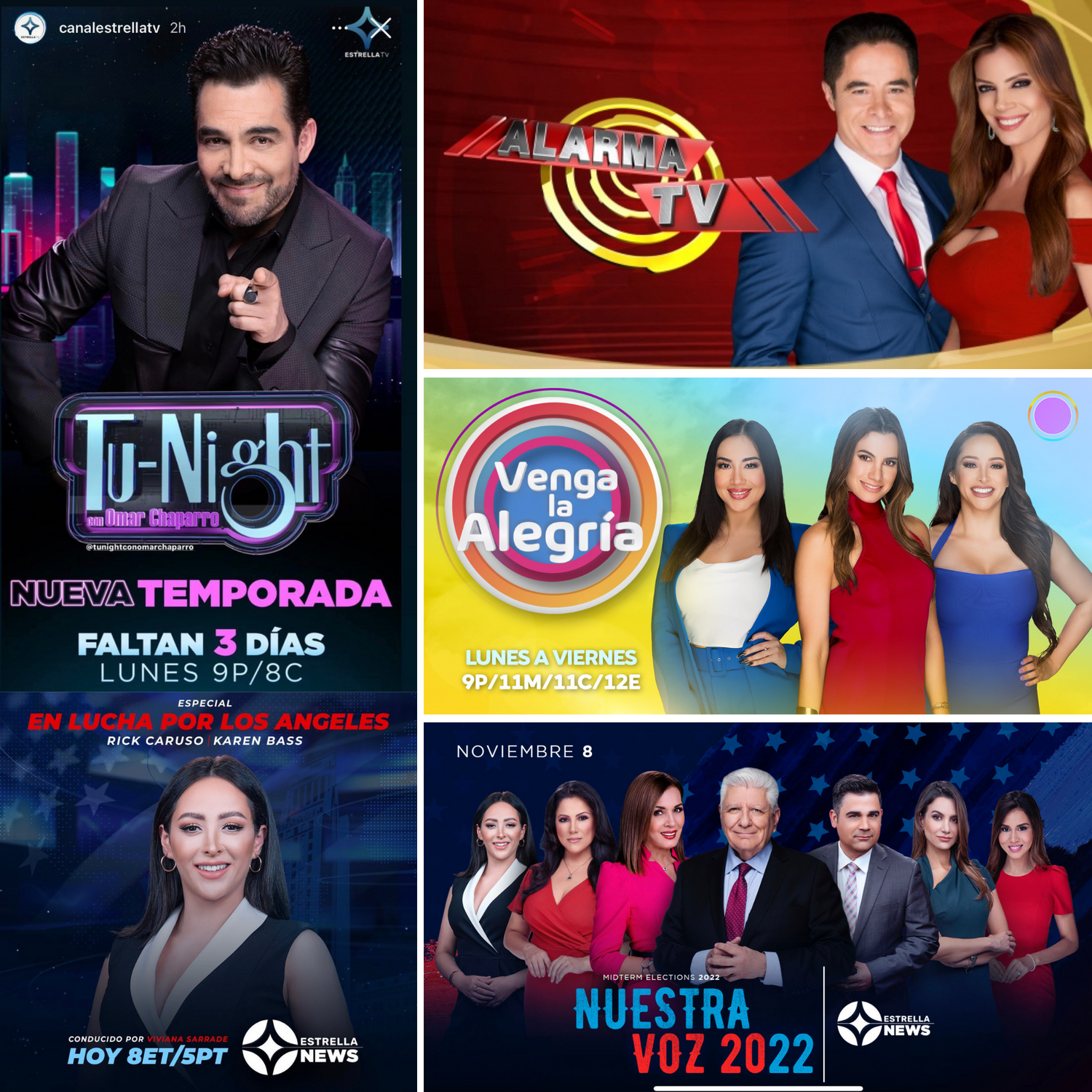 Collection of Spanish television show promotional posters with vibrant logos and branding.