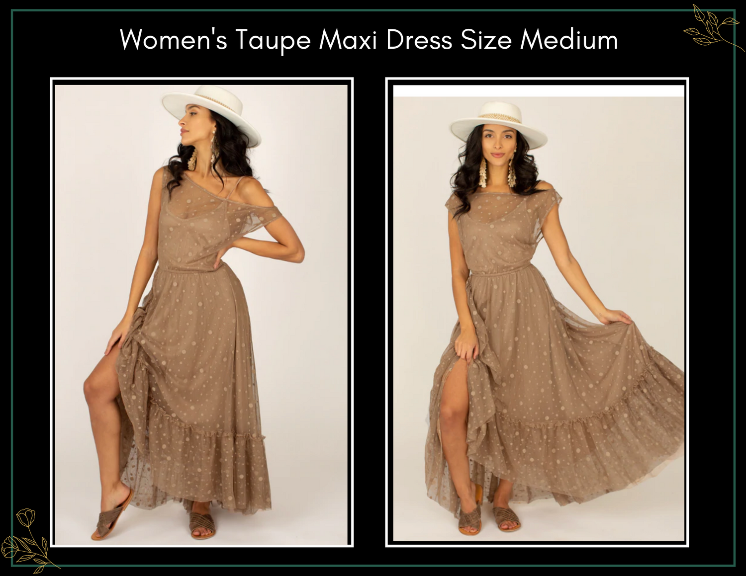 Womens taupe maxi dress size medium with ruffled hem and floral lace detail, shown in two poses.