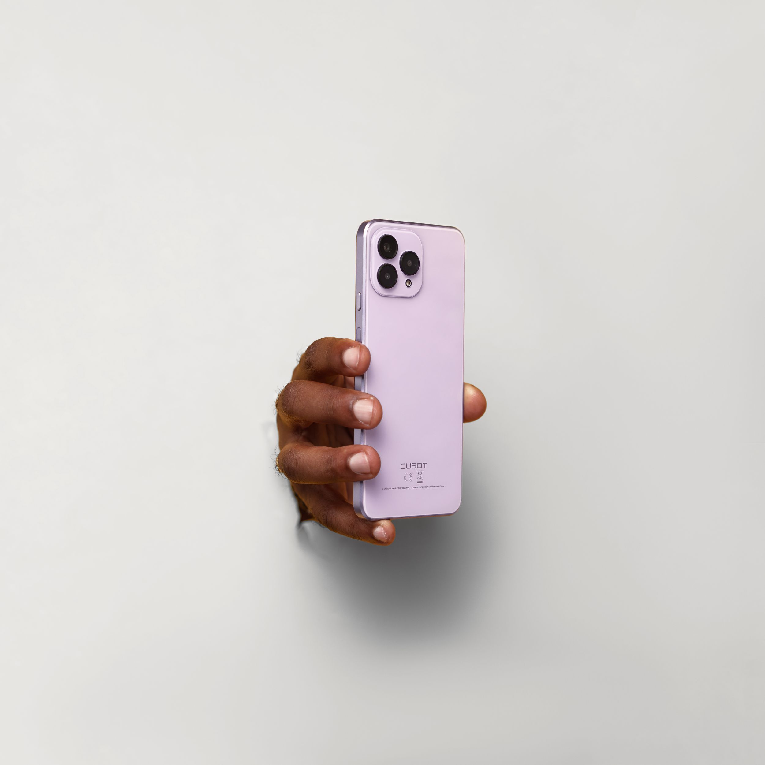 A lilac colored smartphone with triple camera system shown against white background.