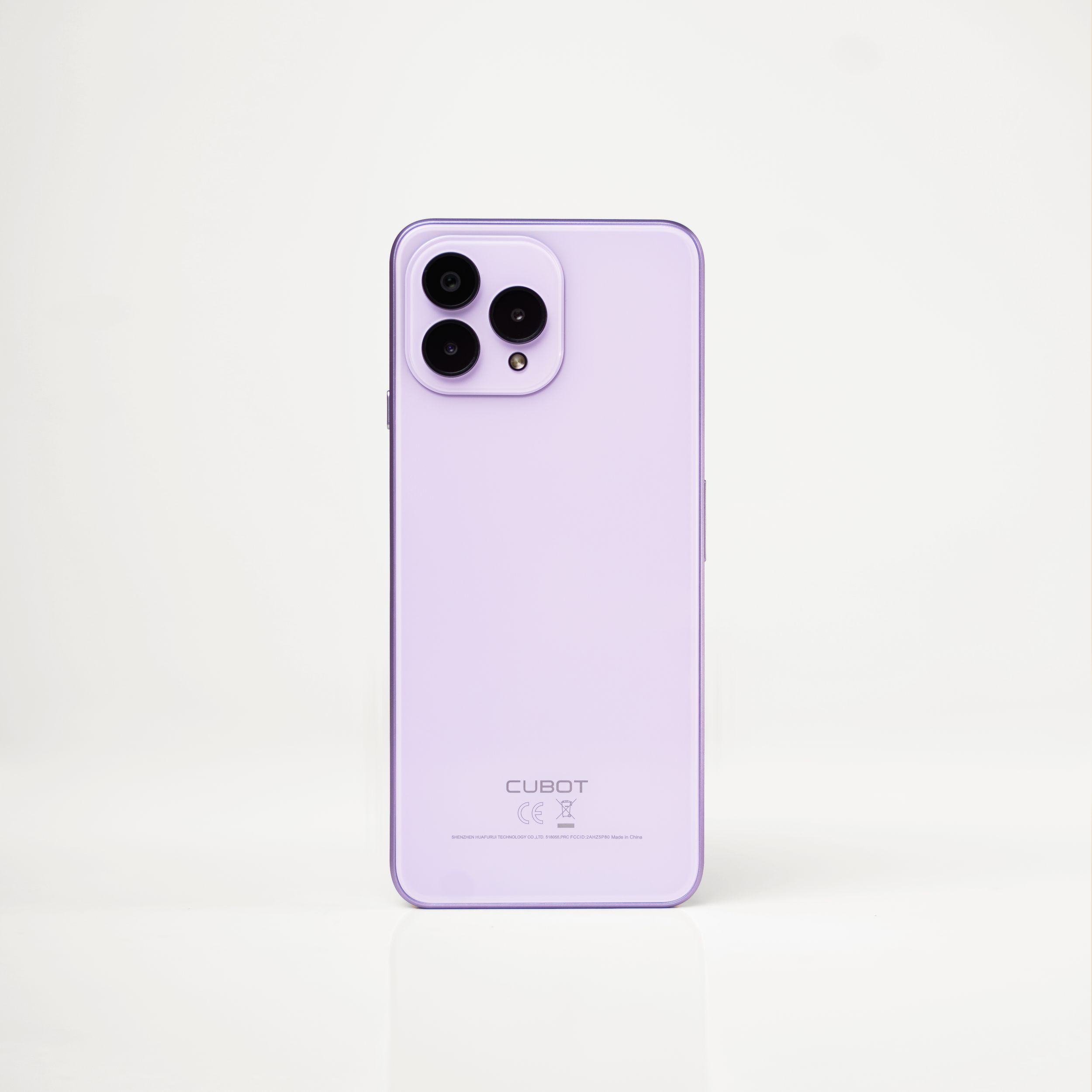 A pale purple smartphone featuring triple camera system displayed on white background.