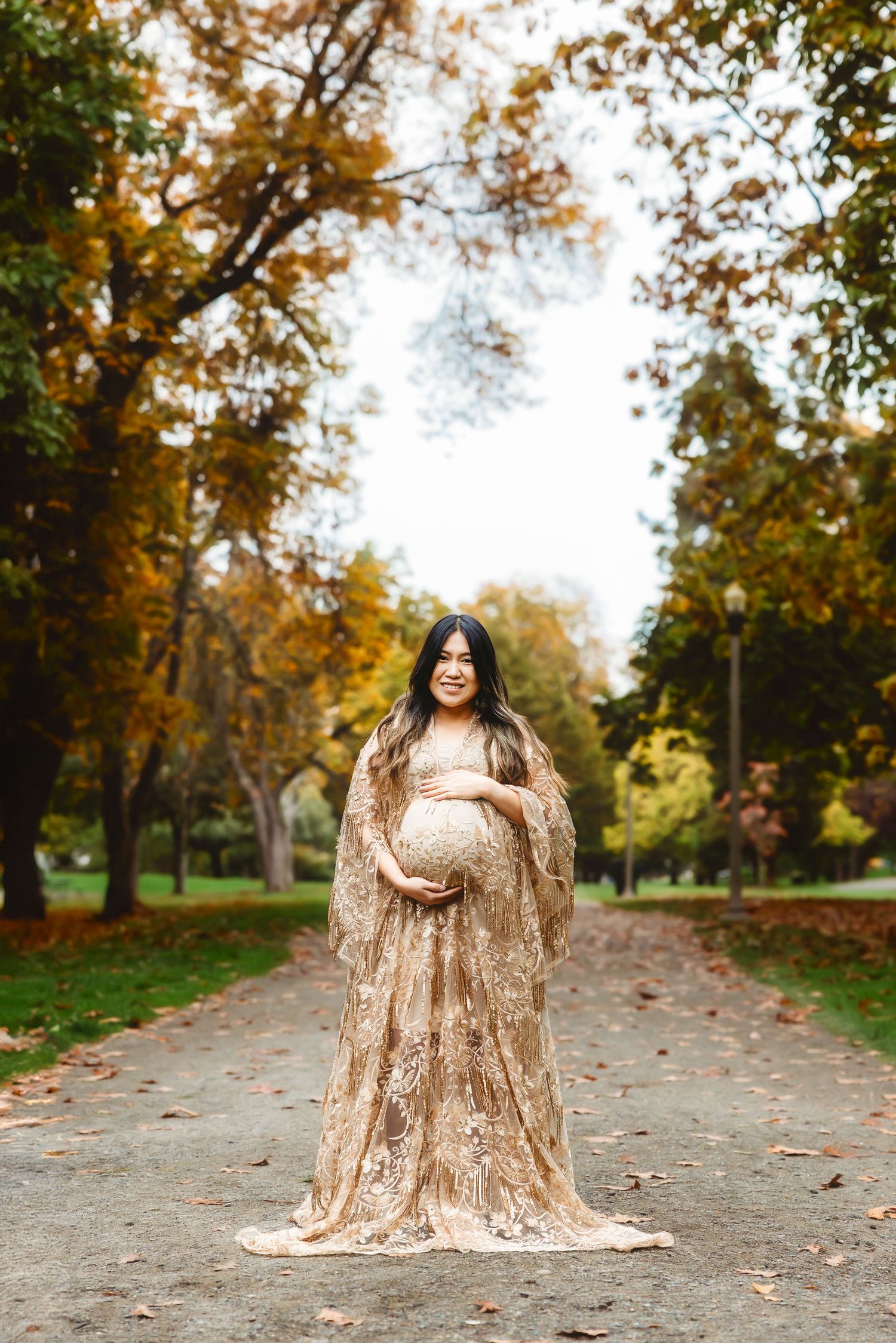 gold sequin gown for fall photos at Wright Park in Tacoma