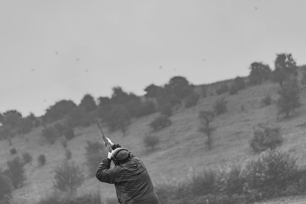 Hunter aiming shotgun at birds flying overhead in a misty field.
