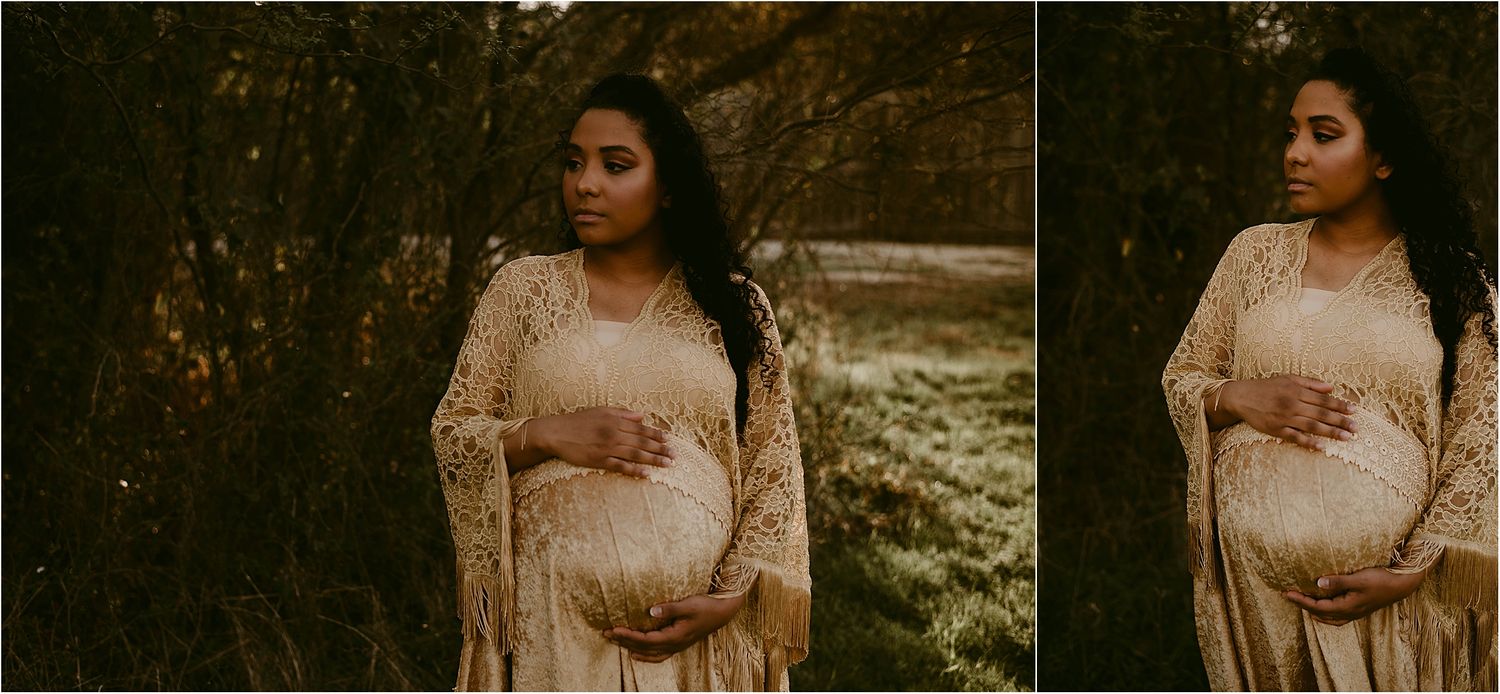 Side-by-side maternity portraits with warm tones and natural outdoor setting.