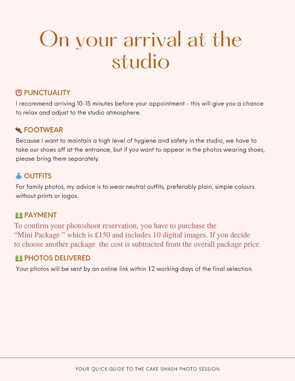 Studio arrival instructions on pink background with icons for punctuality and other guidelines.