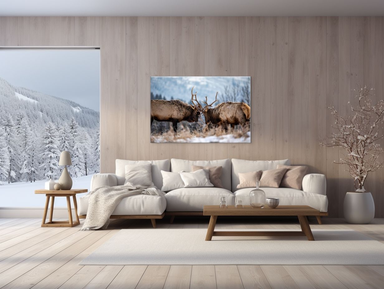Modern living room with beige sectional sofa, winter mountain view, and wildlife artwork in a minimalist setting.