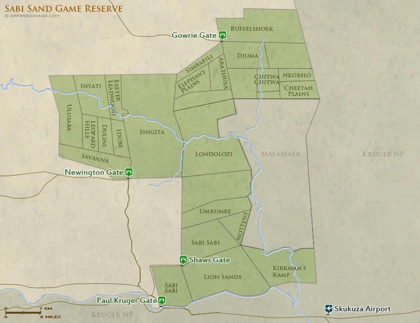 Topographical map section showing the Sabi Sand Game Reserve and surrounding areas in muted green tones.