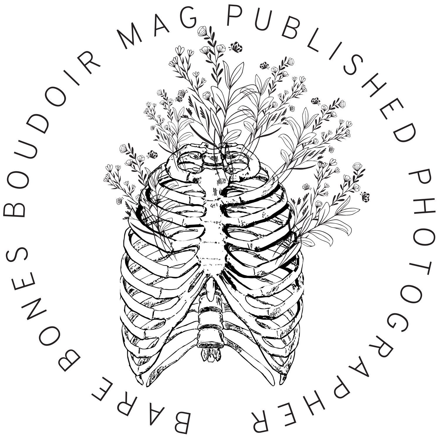 Black circular logo design with floral elements and text around the border.