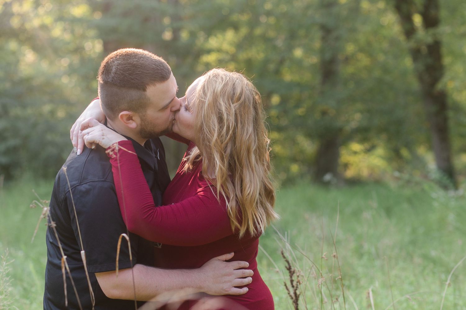 A series of romantic moments captured in a natural outdoor setting with golden sunlight.