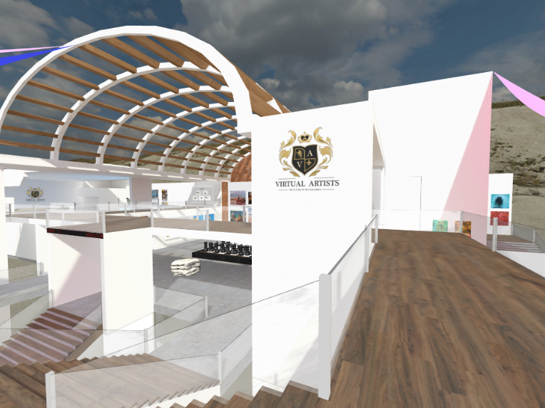 3D rendering of a modern event space with curved wooden ceiling and white walls.