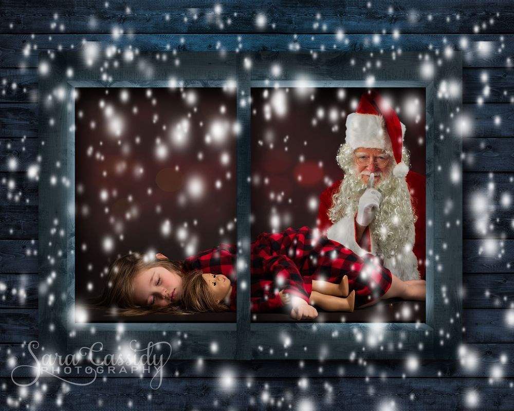 A snowy window scene at night with Santa Claus peeking in during winter.